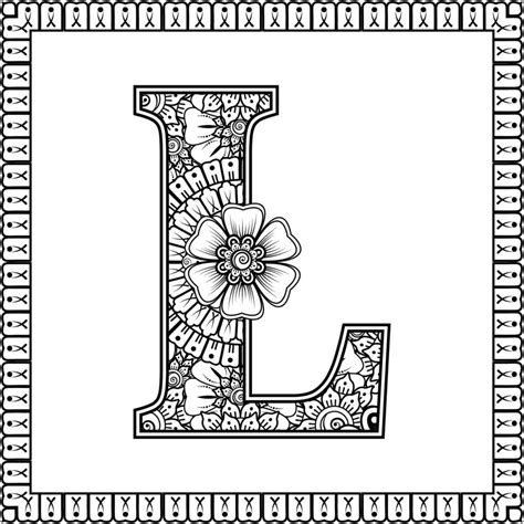 2_Letter L made of flowers in mehndi style coloring book page outline