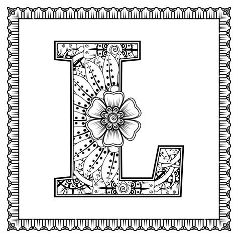 4_Letter L Made Of Flowers In Mehndi Style Coloring Book Page Outline