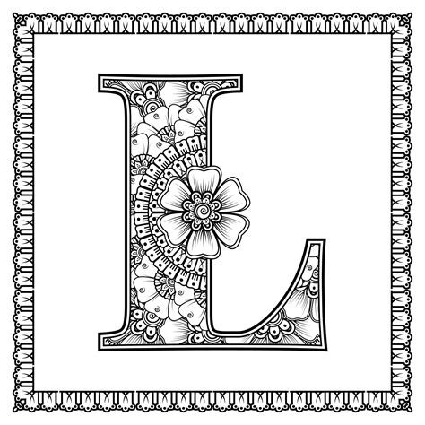 6_Letter L made of flowers in mehndi style coloring book page outline