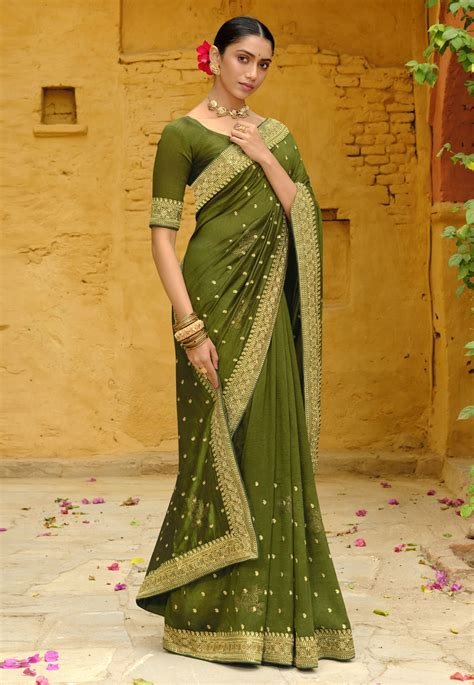 14_Silk Saree with blouse in Mehndi colour 87829