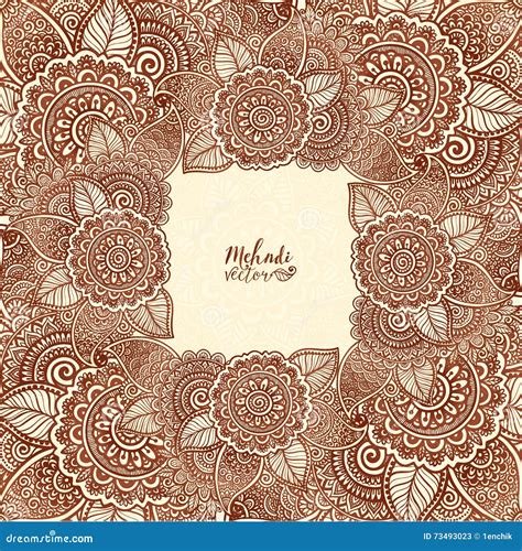 1_Brown Henna Colors Vector Floral Square Frame in Indian Mehndi Tattoo
