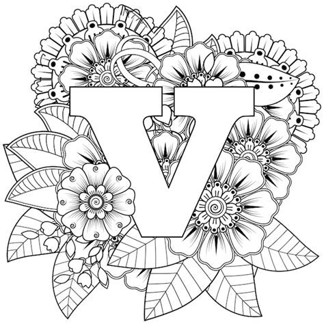 3_Premium Vector  Letter v with mehndi flower decorative ornament in
